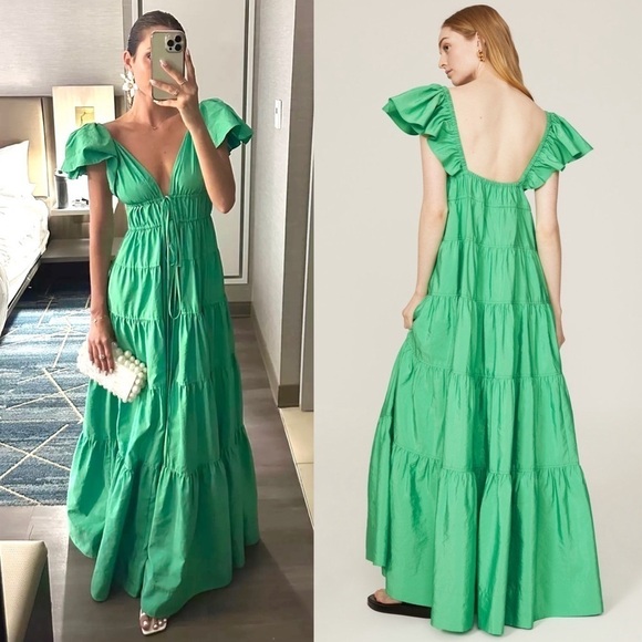 ALC Flutter Short Sleeve V-Neck Empire Waist‎ Front Tie Ruffle Tier Maxi Gown 6 - Picture 6 of 16